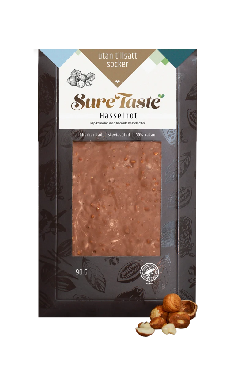 Sure Taste Sockerfri Mjölk Choklad Med Hasselnötter 39% 90g