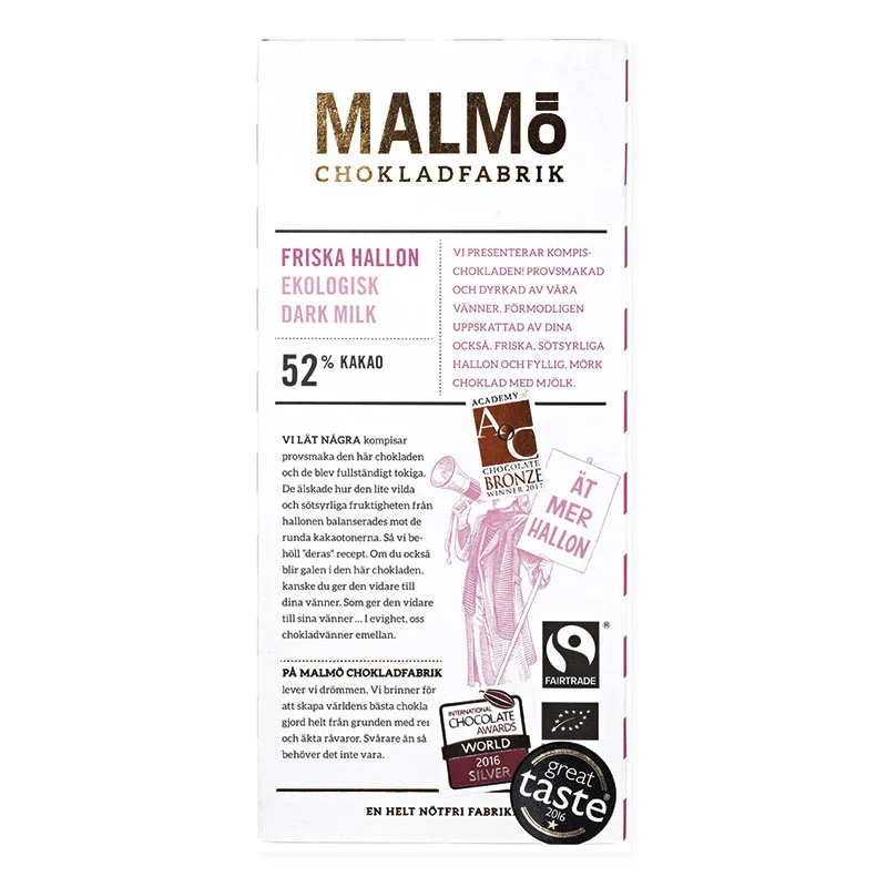 Malmö Chokladfabrik Friske Hindbær 52% ØKO 80g