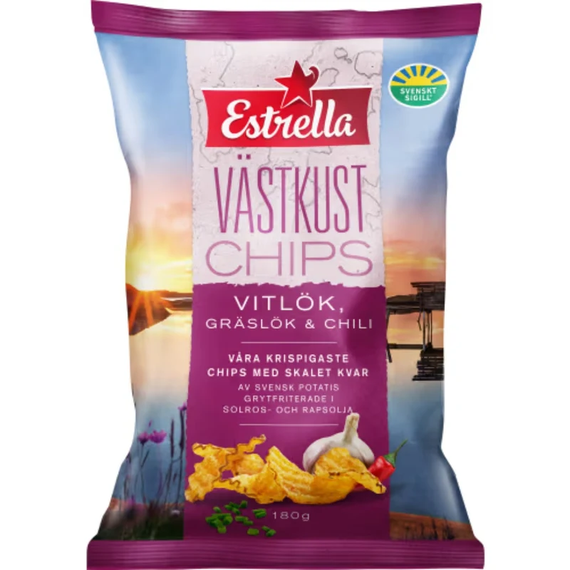 Estrella Västkustchips Vitlök Graslök Chili - Chips with Garlic, Chives & Chili flavour 180g