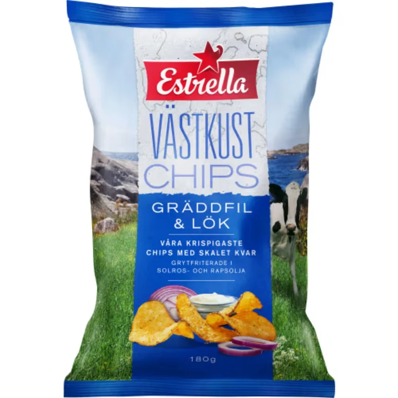 Estrella Västkustchips Gräddfil & Lök Släta - Chips with Sour Cream and Onion flavour 180g