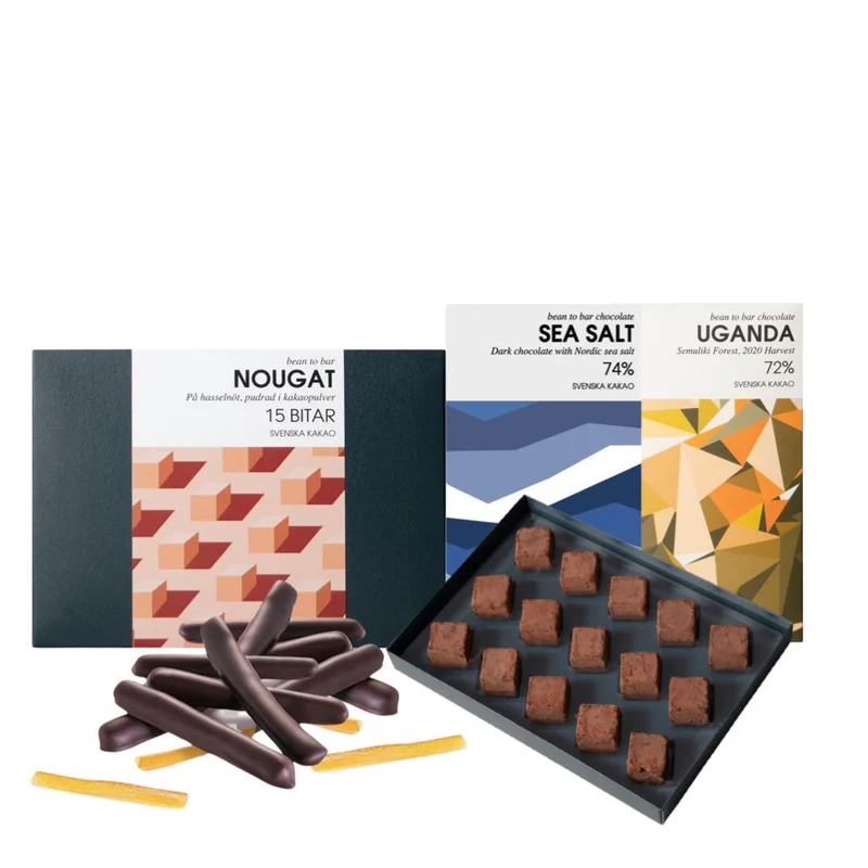 Presentkit - Hasselnötstryfflar, Mörk choklad och syltade apelsinskal