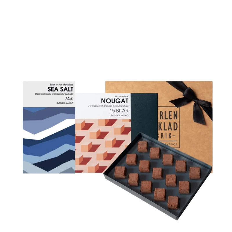 Presentkit - Hantverkspraliner, hasselnötstryfflar och mörk choklad med havssalt