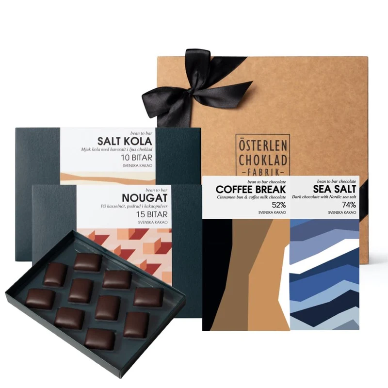 Stort lyxigt presentkit med praliner, nougat, kola och chokladkakor.