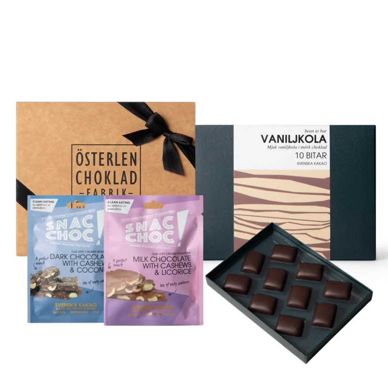 Vaniljkola, stor pralinask samt chokladflarn