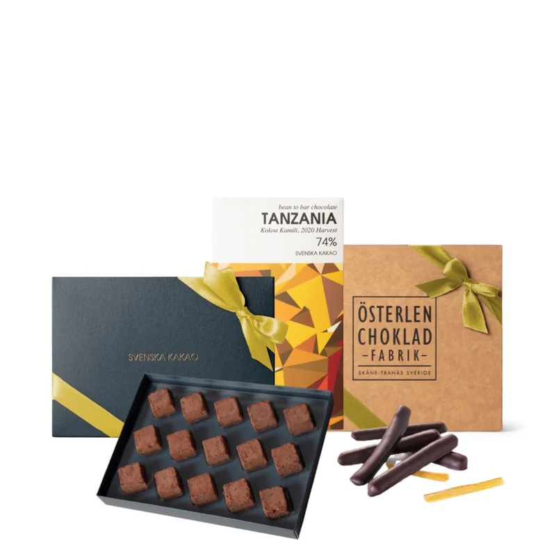 Gourmetgåva - presentpaket med choklad, nougat och syltade apelsinskal