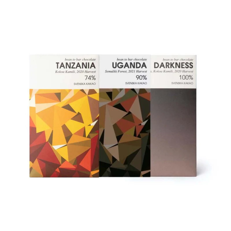 Chokladbud - Riktigt mörk choklad trippel: Tanzania 74%, Uganda 90%, Tanzania 100%