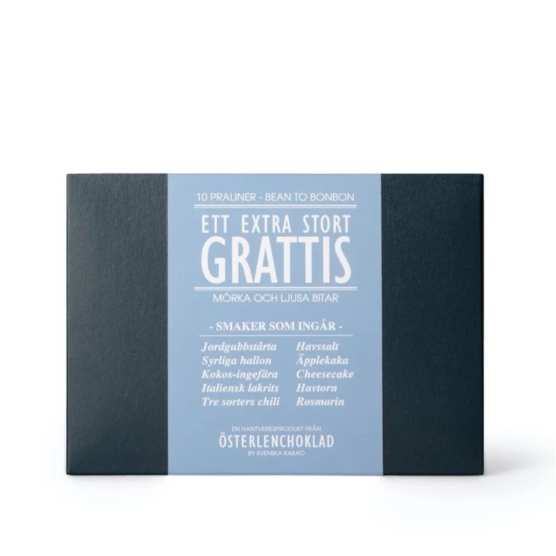 Chokladpraliner i vacker presentask med budskap: Extra stort Grattis!