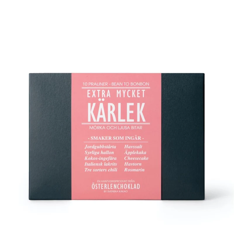 Handgjorda chokladpraliner i presentask med budskap I Extra mycket kärlek