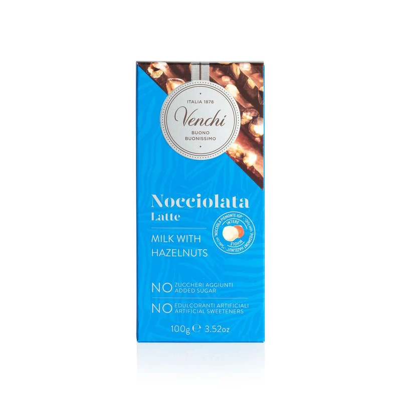 Venchi Mælkechokolade uden tilsat sukker, med hele hasselnødder 100g