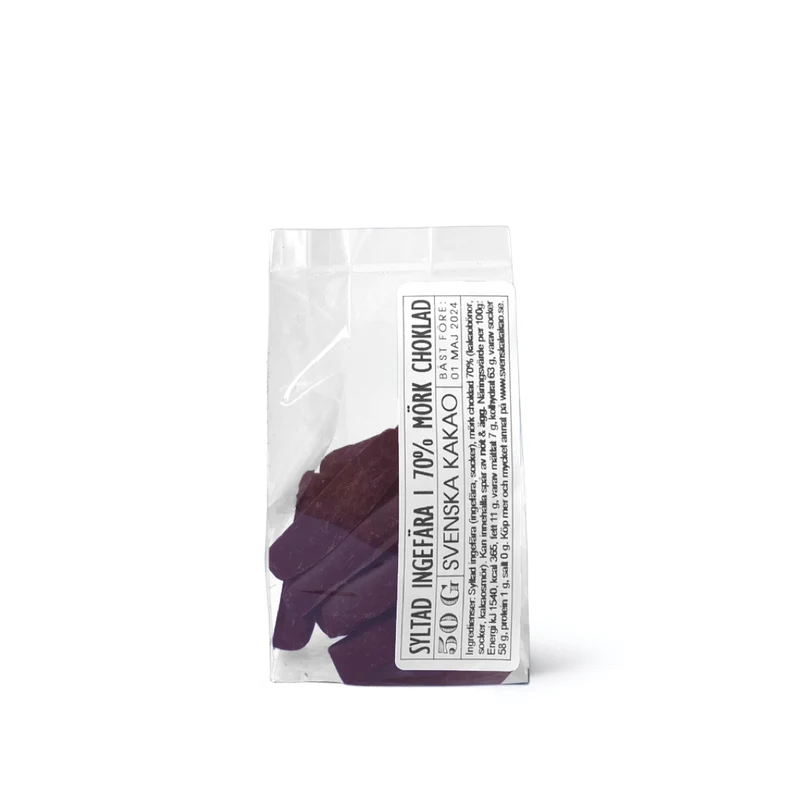 Konsumentförpackning: Syltad ingefära I choklad 50g