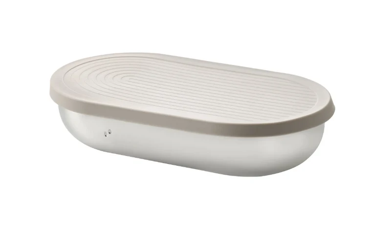 HALVVARM steel food container with lid, stainless steel/beige, 0,7 l