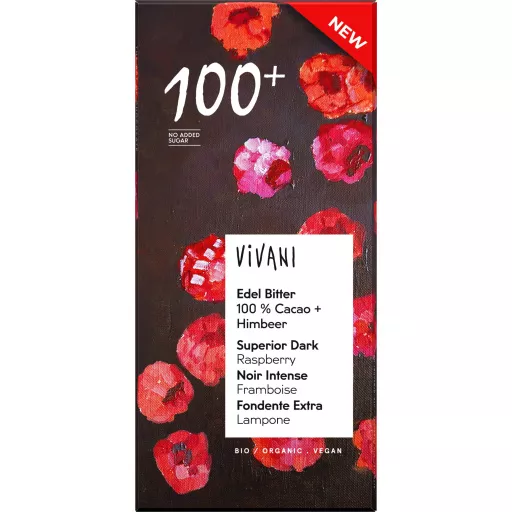 Økologisk Mørk Chokolade 100% med Hindbær - 80G - Vivani