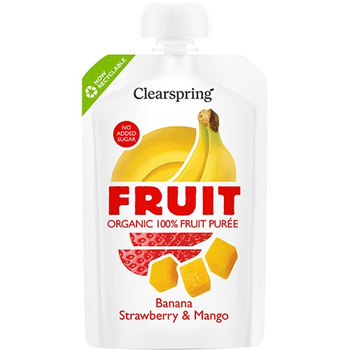 Clearspring Fruktpuré Ekologisk 100 g | Banan Jordgubb & Mango