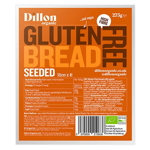 Dillon Organic Glutenfritt bröd med frön (skivat) Ekologisk | 275 g