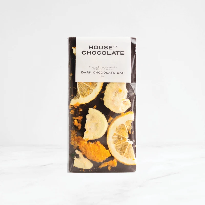 Freeze Dried Mandarin, Feijoa, and Lemon Dark Chocolate Bar