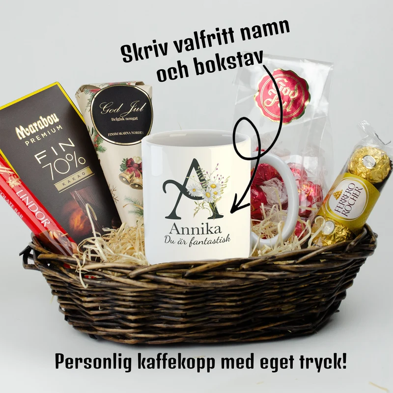 Julklapp till kollega | Blommig bokstav | Presentkorg med eget tryck