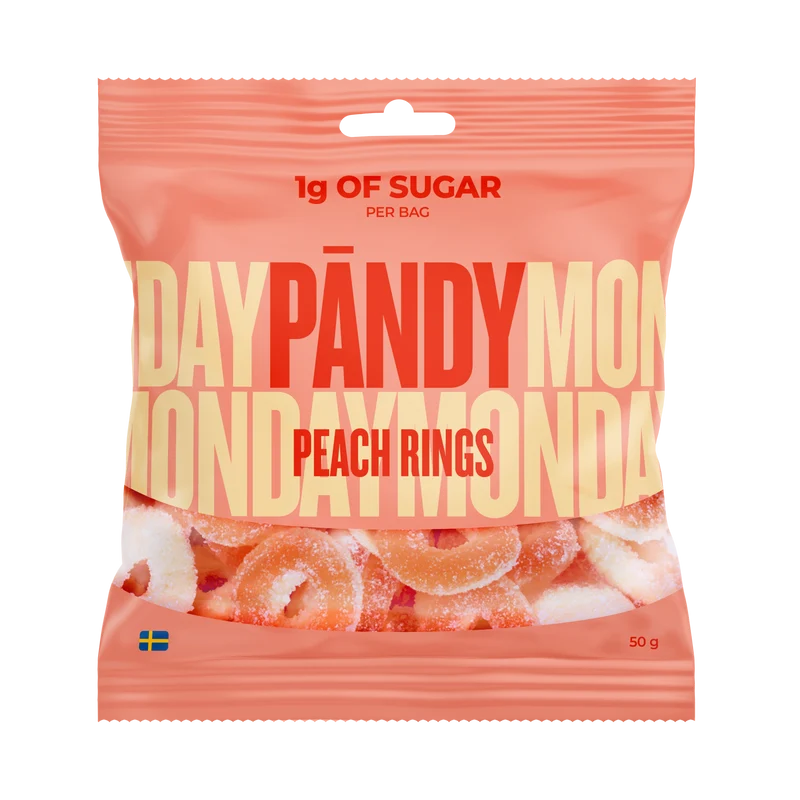 Pändy Peach Rings 50 g – Godis med 1 g socker