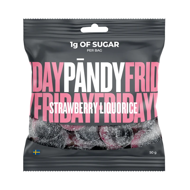 Pändy Strawberry & Liquorice 50 g – Godis med 1 g socker