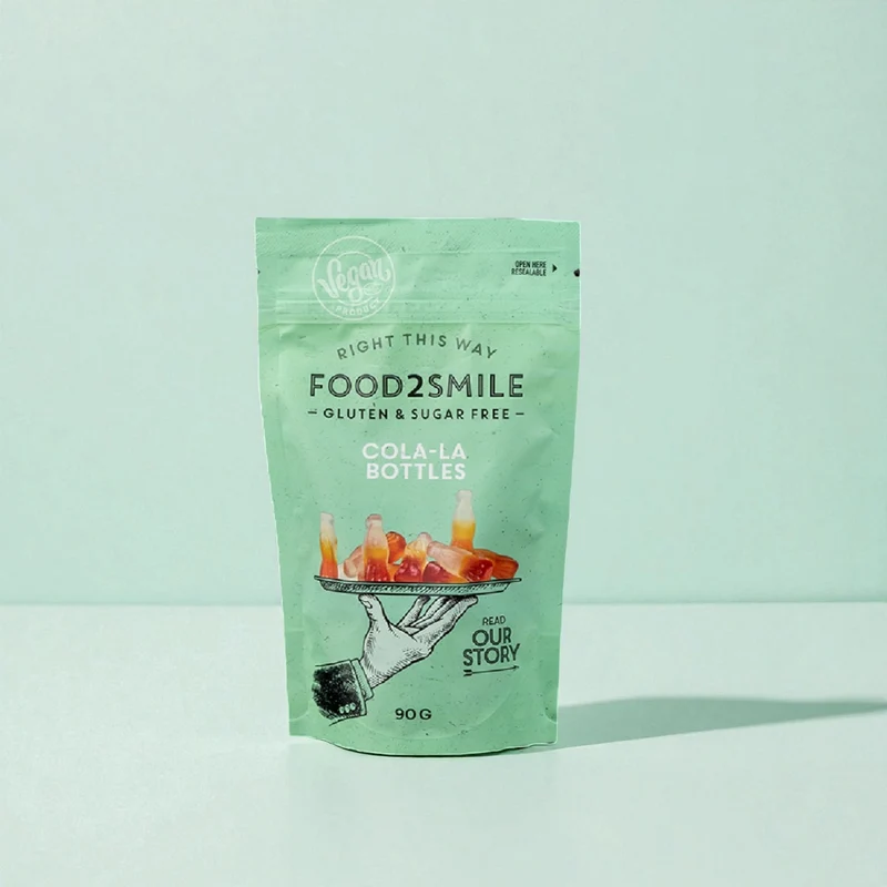 Food2Smile - Sockerfria cola-godis | Cola-la Flaskor 90 gram