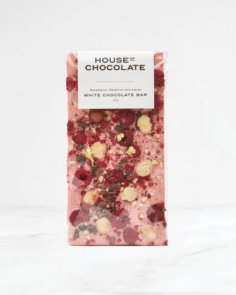 Freeze Dried Raspberry, Hazelnut & Cacao Nib White Chocolate Bar