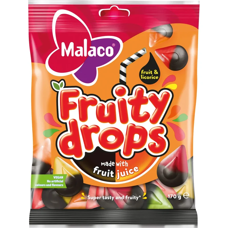 Malaco Fruity Drops Licorice - Chewy Licorice Candy 170g