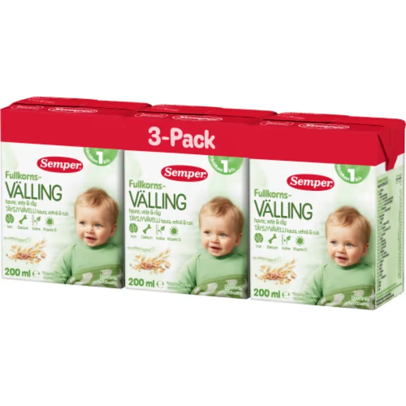 Semper Välling Fullkorn Drickfärdig Från 12 Månader - Ready-to-Drink Whole Grain Porridge with Oats, Wheat & Rye 3p/200ml