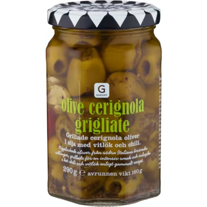 Garant Oliver Cerignola Grigliate - Grilled Cerignola Olives in Oil with Garlic & Chili 290g