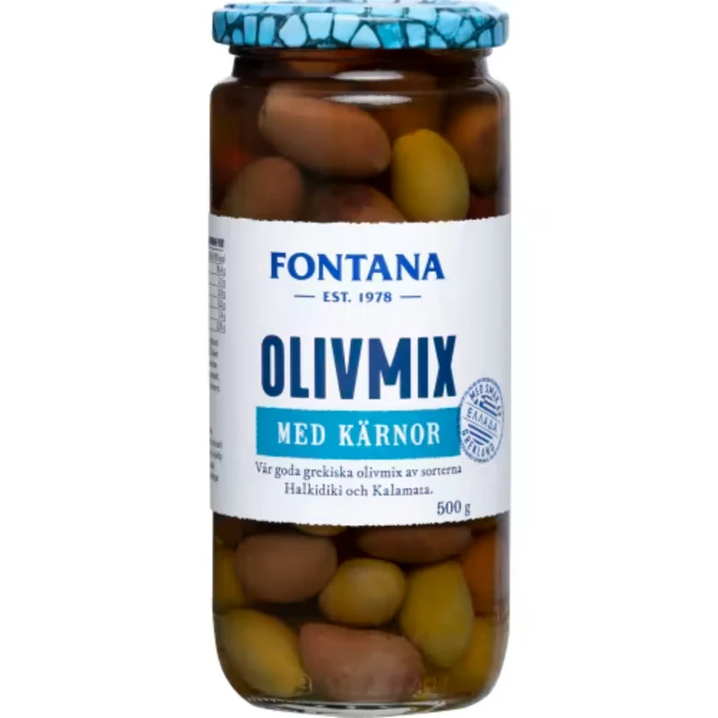 Fontana Olivmix Halkidiki & Kalamata med Kärnor - Mix of Greek Kalamata and Halkidiki Olives with Pits 500g