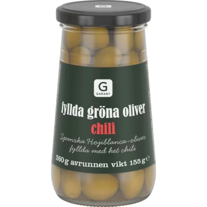 Garant Gröna Oliver med Chili - Green Olives Stuffed with Chili 260g