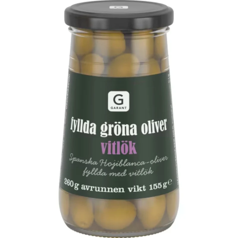 Garant Gröna Oliver med Vitlök - Green Olives Stuffed with Garlic 260g