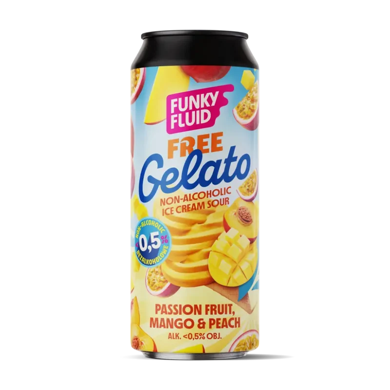 Bière Funky Fluid Free Gelato Fruit de la passion, mangue et pêche sans alcool 0,5%