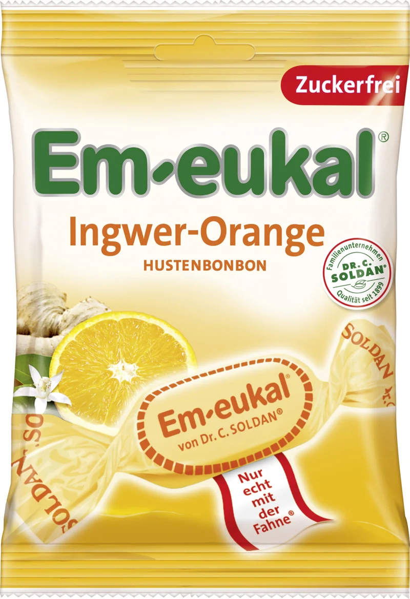 Sukkerfri Hostebolcher Ingefær & Appelsin – 75G - Em-Eukal